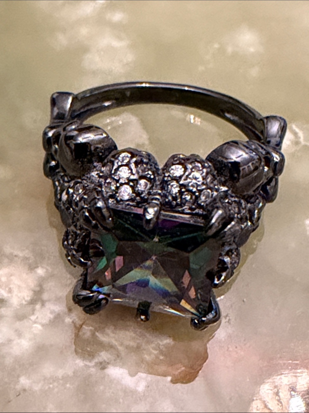 Square Cut Cocktail Ring - Black Metal & Iridescent Crystal - Size 6 US